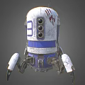 Worn White Blue Mechanical Robot With Circular Sensors Red Scratches And Legs