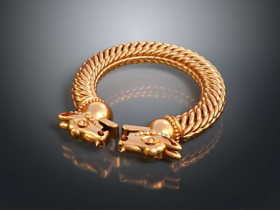 Gold Braided Bracelet With Intricate Dragon Head Decorations And Shiny Surface 3d model
