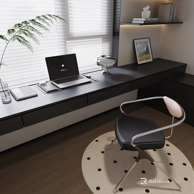 Modern Home Office Desk Setup With Laptop Lamp Plant And Stylish Chair 3d model 