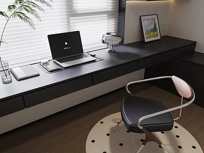 Modern Home Office Desk Setup With Laptop Lamp Plant And Stylish Chair 3d model