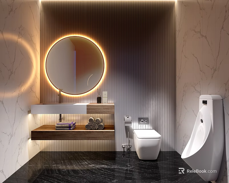Modern Luxury Public Toilet Interior With Round LED Mirror And High Quality Marble Wall Decor 3d model 