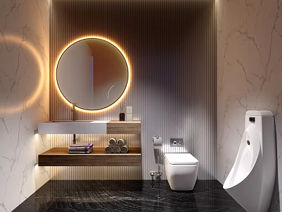 Modern Luxury Public Toilet Interior With Round LED Mirror And High Quality Marble Wall Decor 3d model