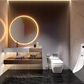 Modern Luxury Public Toilet Interior With Round LED Mirror And High Quality Marble Wall Decor