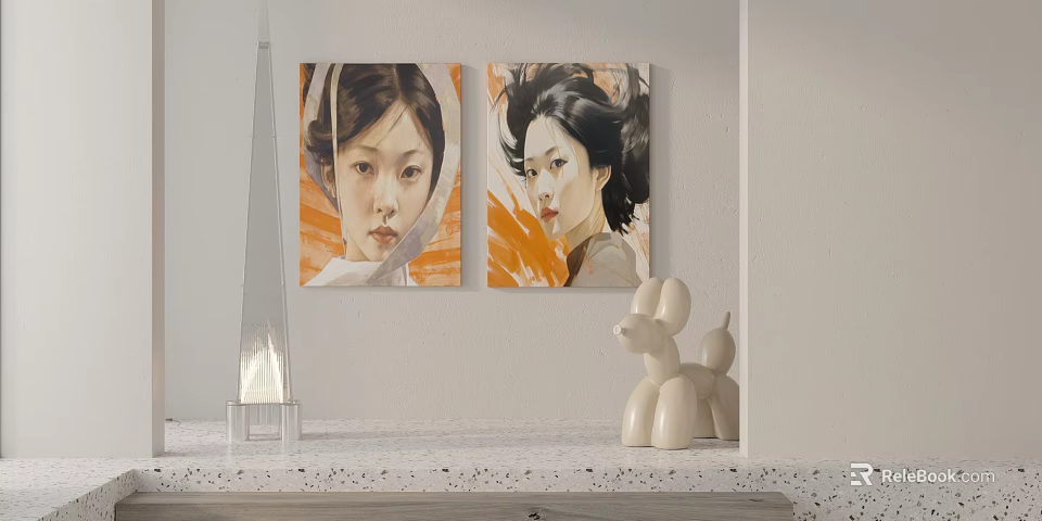 Two Portrait Paintings On Wall With Modern Decor 3d model 