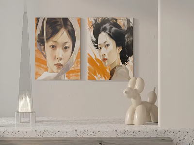Two Portrait Paintings On Wall With Modern Decor 3d model