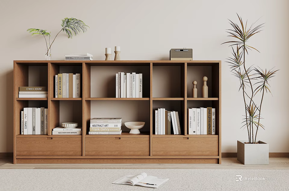 Wooden Bookshelf Featuring Multiple Compartments Drawers Books Decorations and Indoor Plant 3d model 