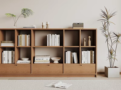 Wooden Bookshelf Featuring Multiple Compartments Drawers Books Decorations and Indoor Plant 3d model