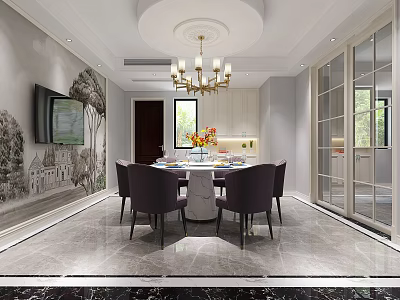 Elegant Modern Restaurant Interior With Round Dining Table Chairs Chandelier And Wall Art 3d model