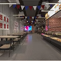Two Story Restaurant Interior With Wing Shaped Lighting Concrete Walls Red Brick Accents And Tables