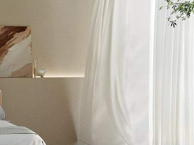 Cozy Bedroom Interior With Beige Wall White Sheer Curtains Artwork And Green Plant 3d model