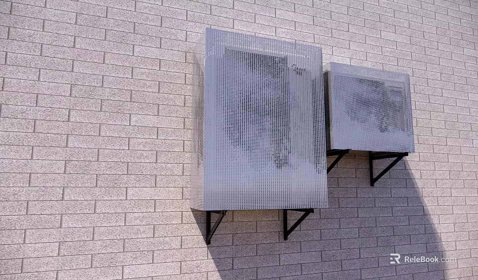 Two Air Conditioner Vents On Gray Brick Wall Mounted With Black Brackets And Grid Design 3d model 