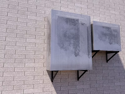 Two Air Conditioner Vents On Gray Brick Wall Mounted With Black Brackets And Grid Design 3d model