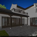 Chinese Style Detached Villa With Courtyard Tile Roof Large Windows Evening Lighting Stone Paved Lawn