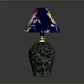 Decorative Table Lamp With Green Cracked Base And Dark Blue Floral Lampshade