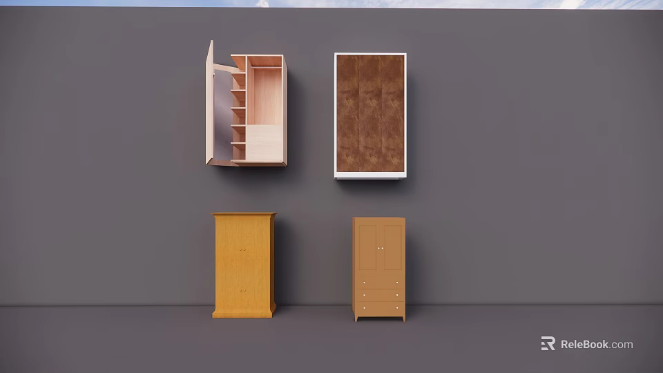 Various Wooden Wardrobe Styles With Open And Closed Doors And Internal Shelves 3d model 