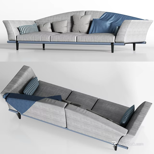 Multi Seat Gray Sofa With Blue Cushions And Checkered Pillows Modern Design 3d model