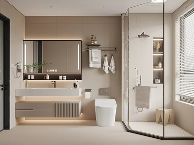 Modern Bathroom Interior With Vanity Mirror Toilet Glass Shower Enclosure Cabinets And Towels 3d model
