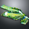 Detailed Golf Course Layout With Green Turf Trees Water Features And Paths