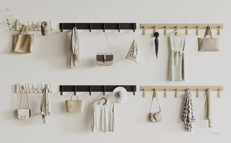 Wall Mounted Hooks Organizing Bags Clothes Hats and Accessories for Home Storage 3d model 