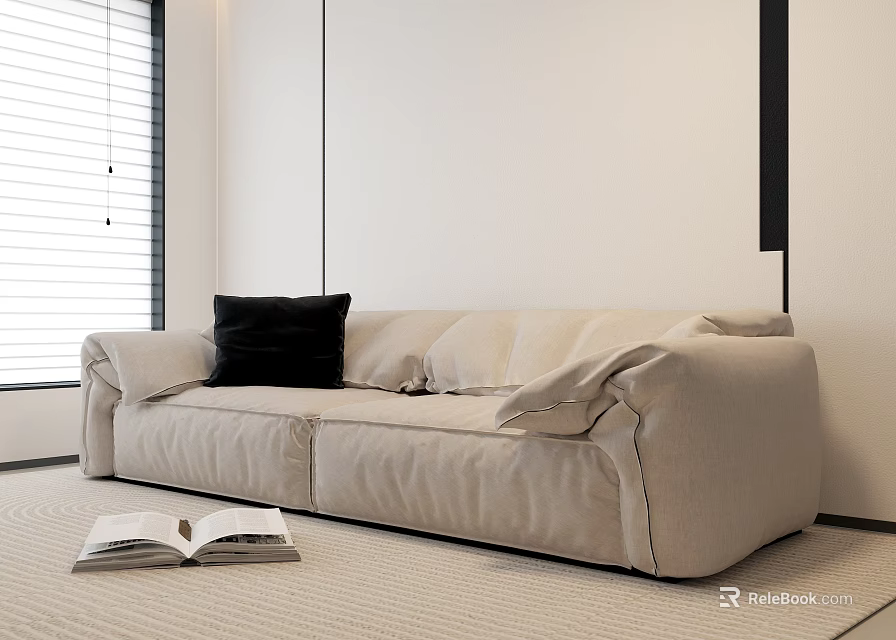 Modern Two-Seater Sofa with Black Cushion Open Book on Carpet White Wall and Window Blinds 3d model 