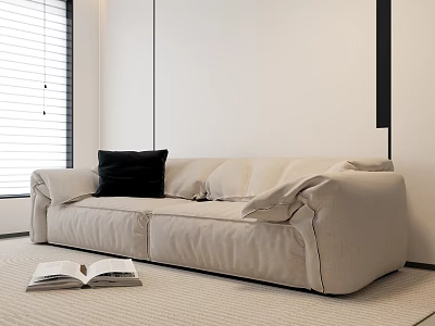 Modern Two-Seater Sofa with Black Cushion Open Book on Carpet White Wall and Window Blinds 3d model