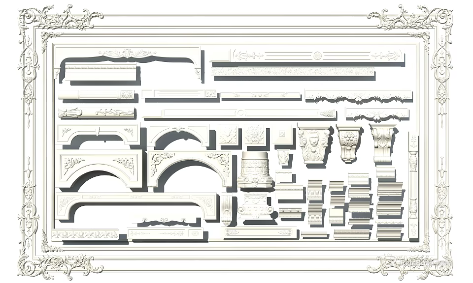 Ornate Classical Carvings Architectural Decor Elements With Curved Lines Arches And Column Details 3d model 