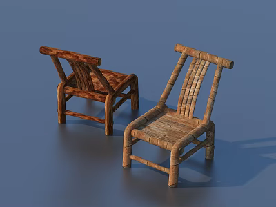 Natural Style Single Chair With Wicker Seat And Wooden Frame Design 3d model