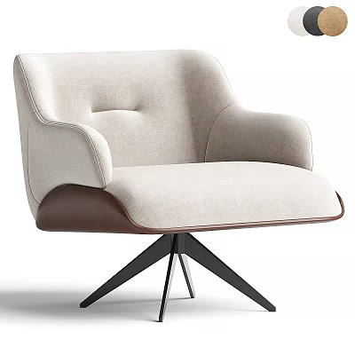 Beige Upholstered Accent Chair with Armrests Brown Wooden Trim and Black Metal Base 3d model