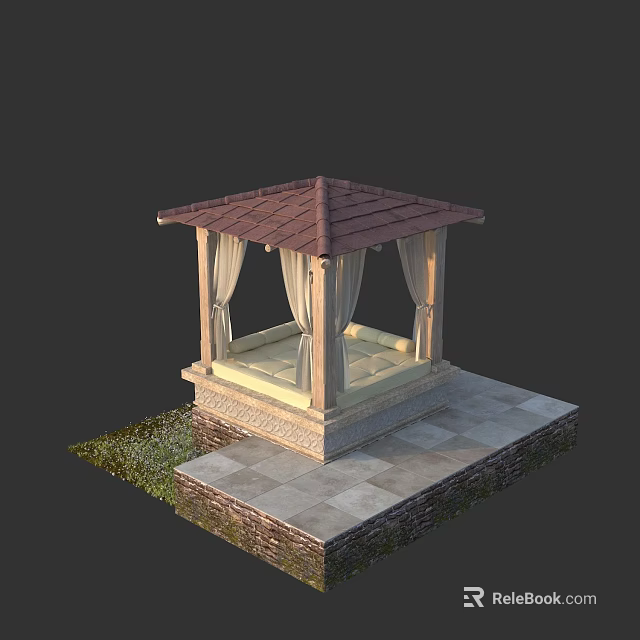 Gazebo Railings with Red Tiled Roof Curtains and Stone Base on Grass and Stone Tiles 3d model 