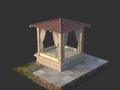 Gazebo Railings with Red Tiled Roof Curtains and Stone Base on Grass and Stone Tiles 3d model