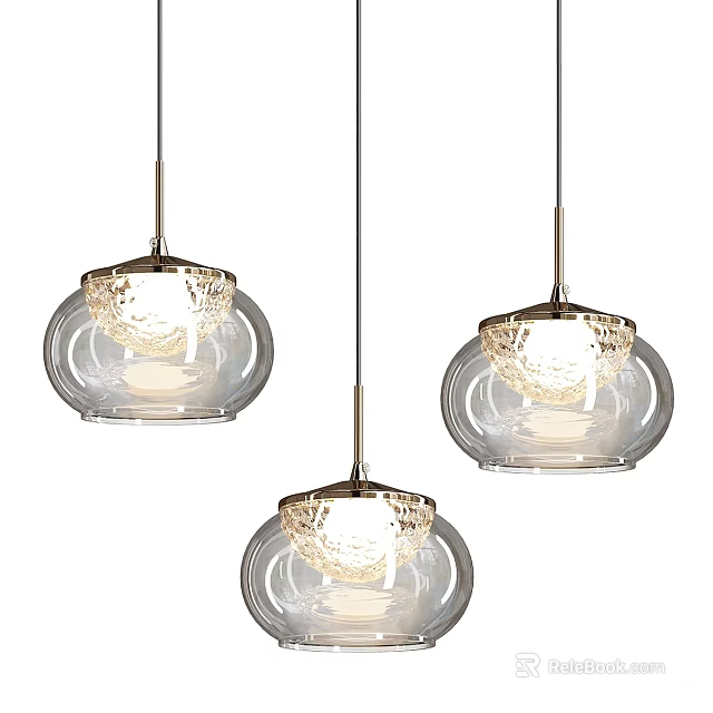 Three Modern Glass Pendant Lights With Transparent Spherical Shades And Warm Glow 3d model 