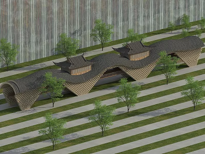 Traditional Style Bridge With Curved Roof And Wooden Structure Surrounded By Trees And Grassland 3d model