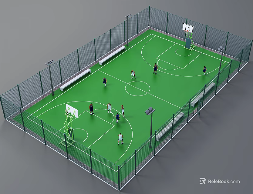 Basketball Court With Green Floor Fencing Benches Hoops And Players Playing 3d model 