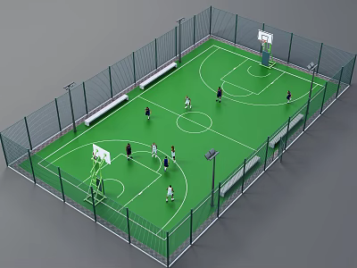 Basketball Court With Green Floor Fencing Benches Hoops And Players Playing 3d model