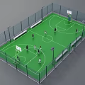 Basketball Court With Green Floor Fencing Benches Hoops And Players Playing