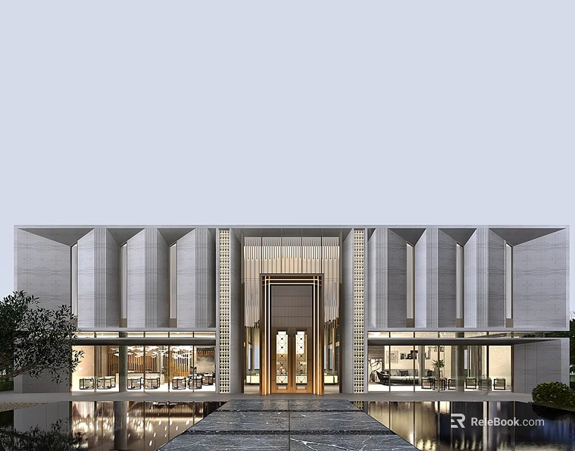 Modern Property Sales Office Building With Glass Facade Symmetrical Design And Pool Reflection 3d model