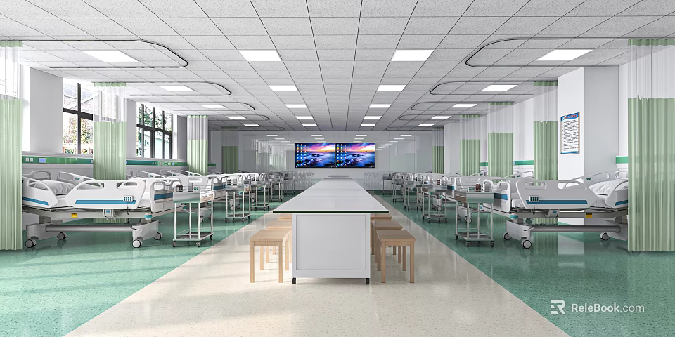 Healthcare Care Unit Interior With Medical Beds White Table Stools Green Floor And Large Screen 3d model 