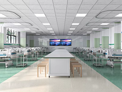Healthcare Care Unit Interior With Medical Beds White Table Stools Green Floor And Large Screen 3d model