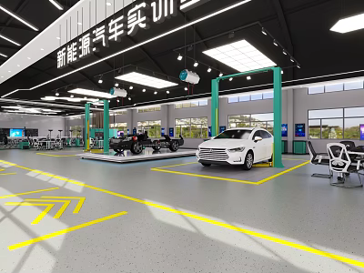 New Energy Vehicle Training Store With Green Lifts White Car And Workshop Equipment 3d model