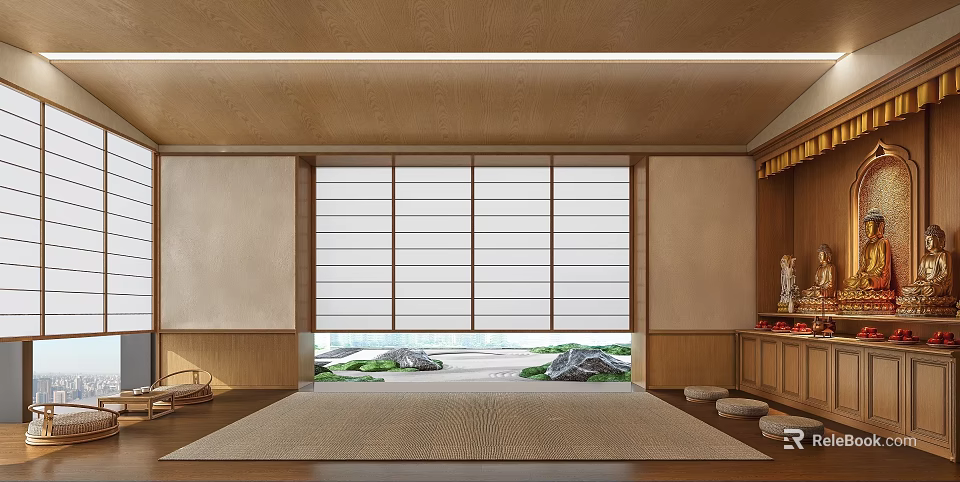 Traditional Japanese Interior With Tatami Mat Shoji Screen Wooden Ceiling And Natural View 3d model 