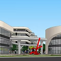 Modern Multistory Curved Buildings With Glass Walls Plaza People And Red Sculpture