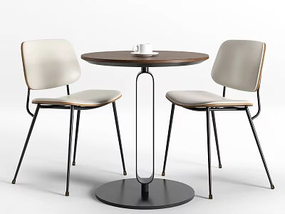 Modern Round Wooden Table With Light Cushioned Chairs And Black Metal Legs 3d model