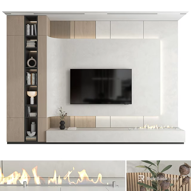 Modern TV Background Wall Design With Wooden Panels LED Lighting And Floating Storage Shelves 3d model 