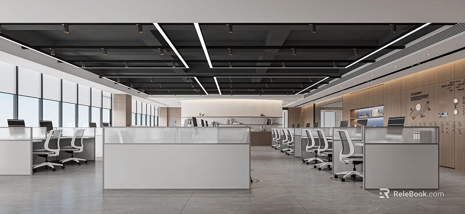 Modern Public Office Space Interior With Open Workstations Ergonomic Chairs Computers And Large Windows 3d model 