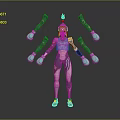 Children's Playful Fantasy Character With Purple Hair Multiple Arms And Colorful Green And Blue Outfit