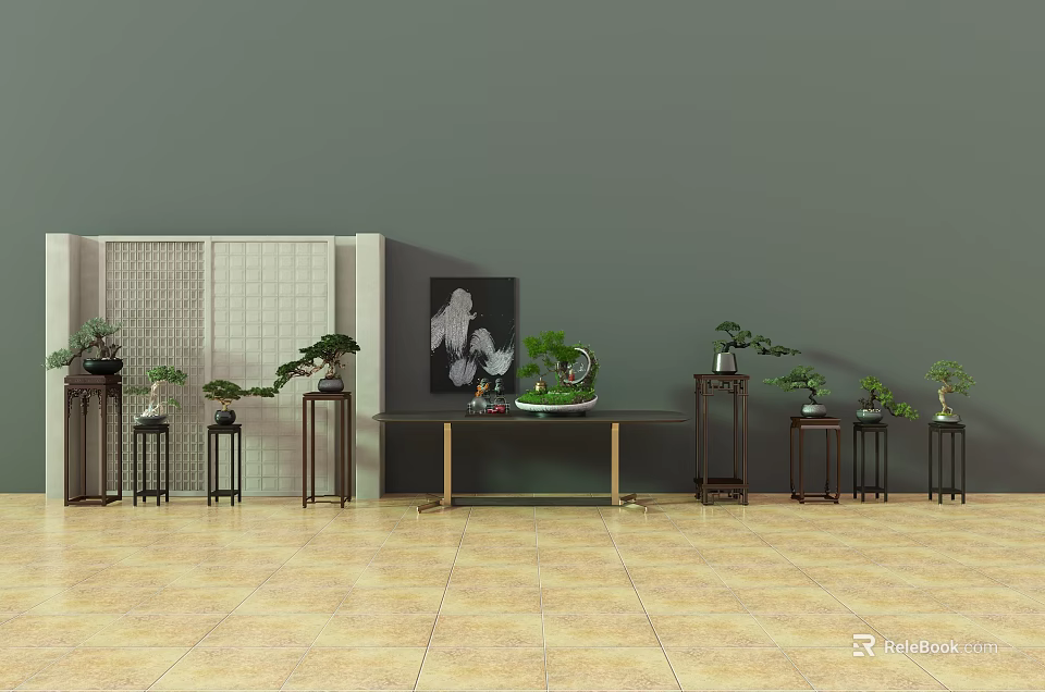 Multiple Bonsai Plants Display On Wooden Stands And Table With Gray Wall Background 3d model