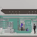 Green Exhibition Booth With Metal Frame Display Cabinets Screens And Man In Suit