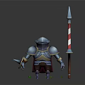 3D Rendered Armored Character Standing With Metallic Armor Striped Spear And Small Plants
