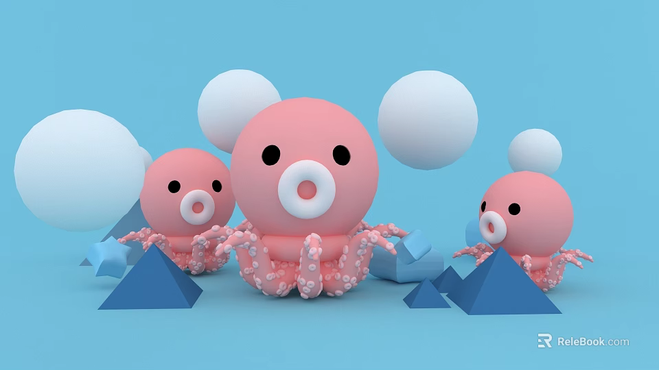 Billboard Featuring Pink Octopus Figures White Spheres And Blue Triangles On Light Blue Background 3d model 