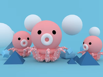 Billboard Featuring Pink Octopus Figures White Spheres And Blue Triangles On Light Blue Background 3d model